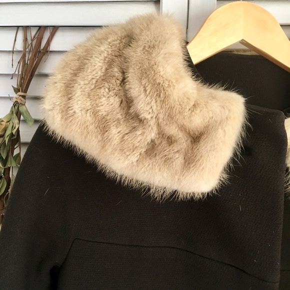 {Vintage} Fur Collar 60's Style Wool Button Coat 4 - Picture 7 of 8